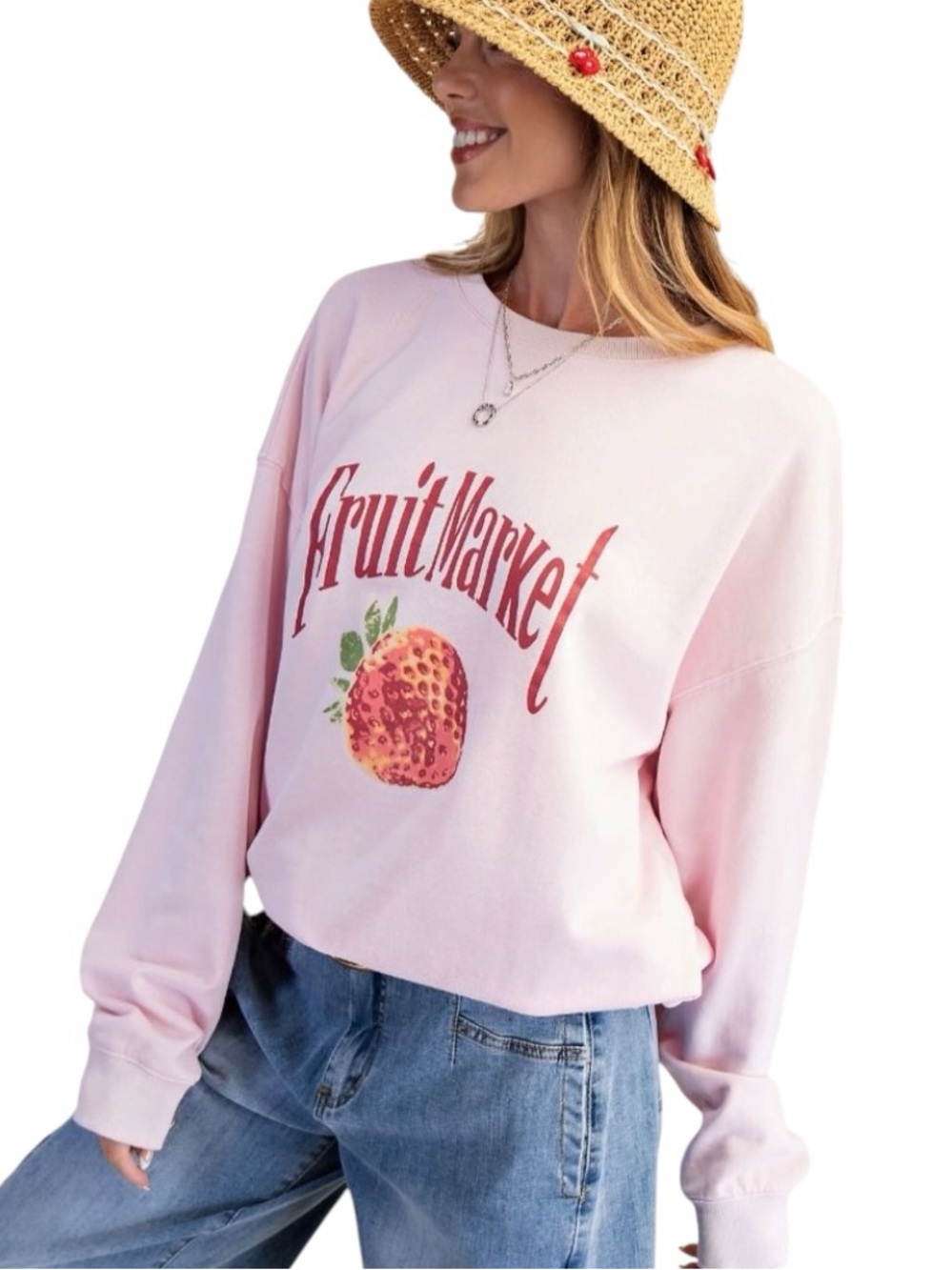 576:  EASEL NWT FRUIT MARKET PRINT SWEATSHIRT STRAWBERRY MILK (C)